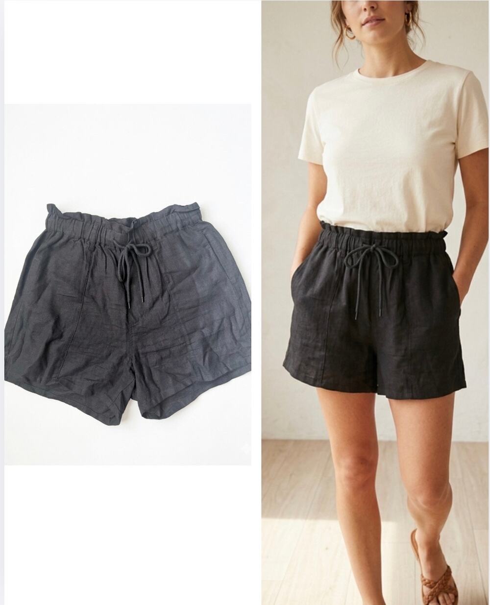 Risen Jeans Black Linen Blend Paperbag Drawstring Shorts L